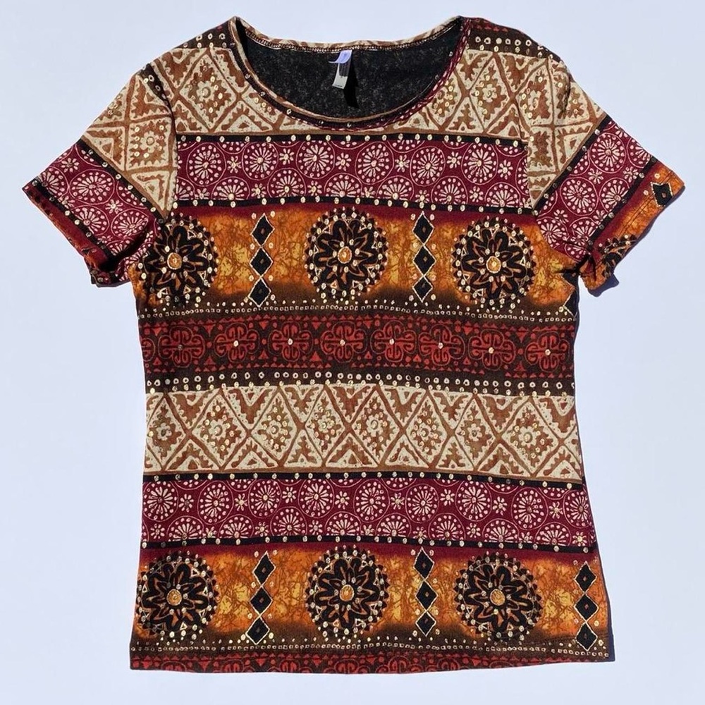 White Stag Red Orange print fitted t-shirt top Women's Small Summer Vacation